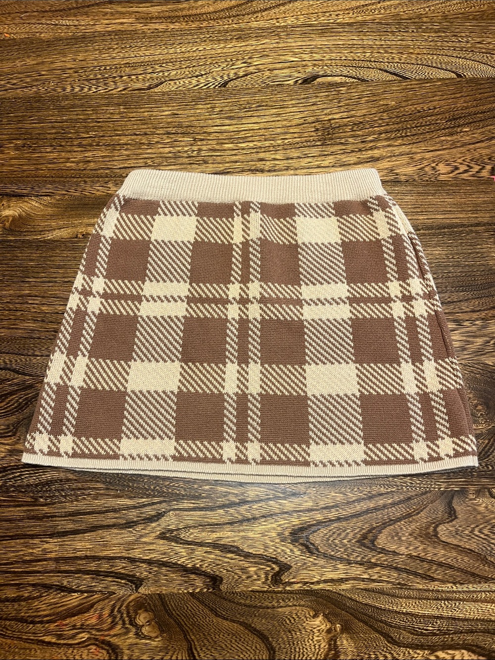 Plaid Knit A-Line Skirt in Brown and Cream girls 5/6 NWOT